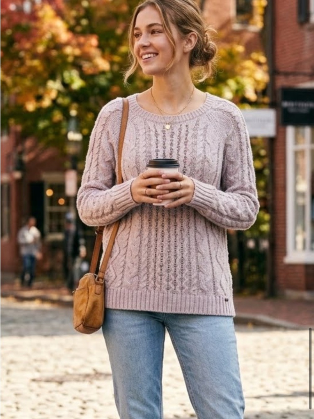 American Eagle Outfitters Cable Knit Crewneck Sweater - Light Mauve